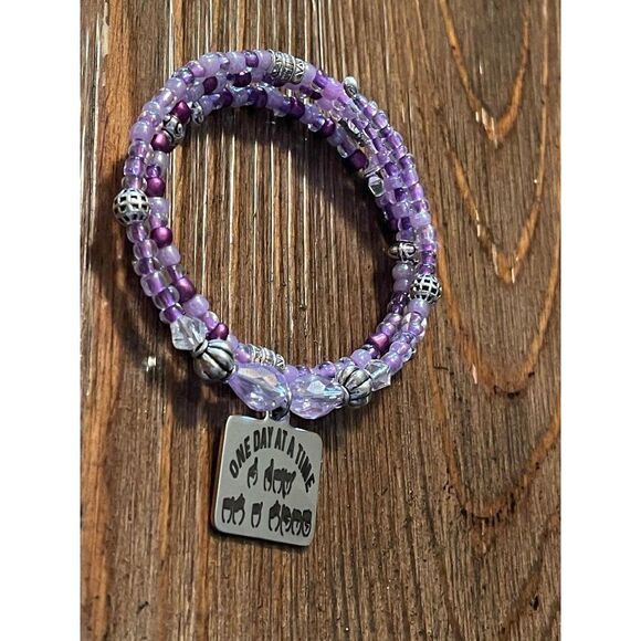 Hand made Purple beaded wrap charm bracelet, sign language bracelet, Memory wire - Picture 2 of 4